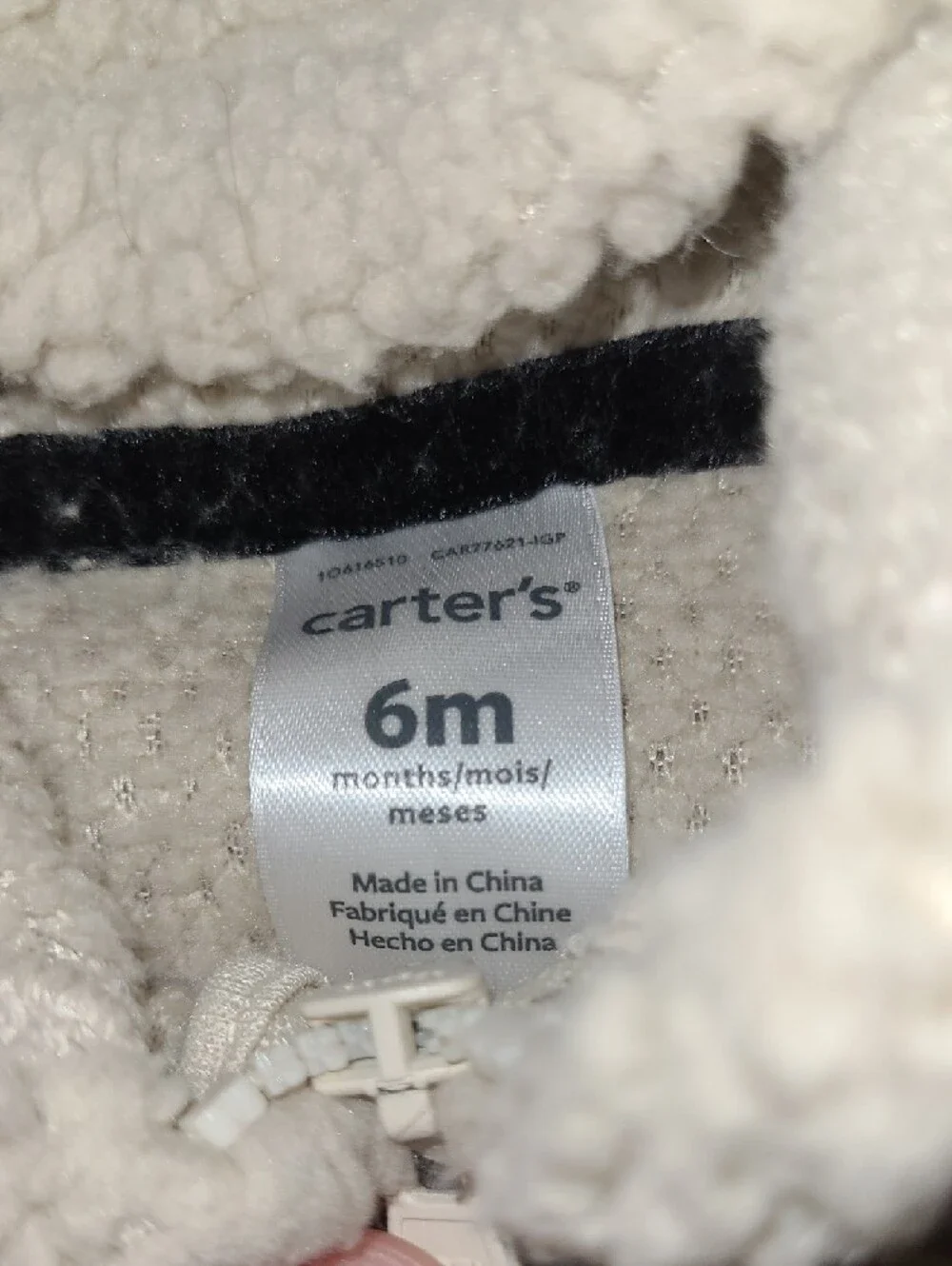 Carters Beige Sherpa Hooded Baby Vest w/ Striped Top & Patterned Leggings.